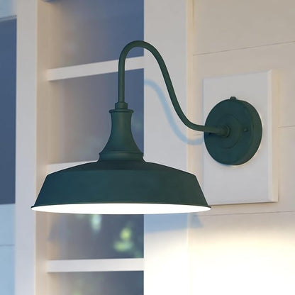 VAXCEL Dorado 11.5 in. H 1-Light Hunter Green and White Dusk to Dawn Sensor Farmhouse Outdoor Wall Sconce, Gooseneck Steel Shade, Dark Sky Compliant for Exterior Porch Patio Front Door or Garage