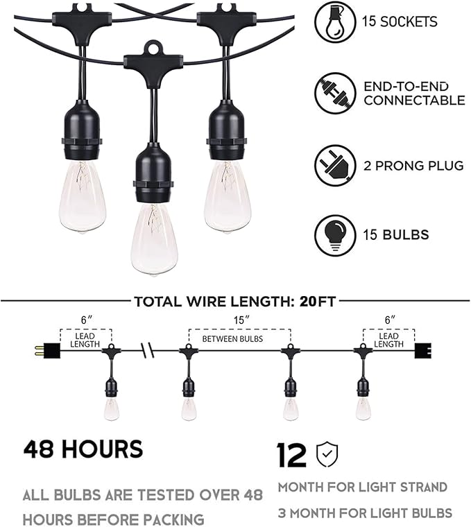 Afirst Outdoor String Lights Waterproof 20FT with 15 Glass Bulbs, Connectable Patio Lights for Garden Backyard Porch Holiday