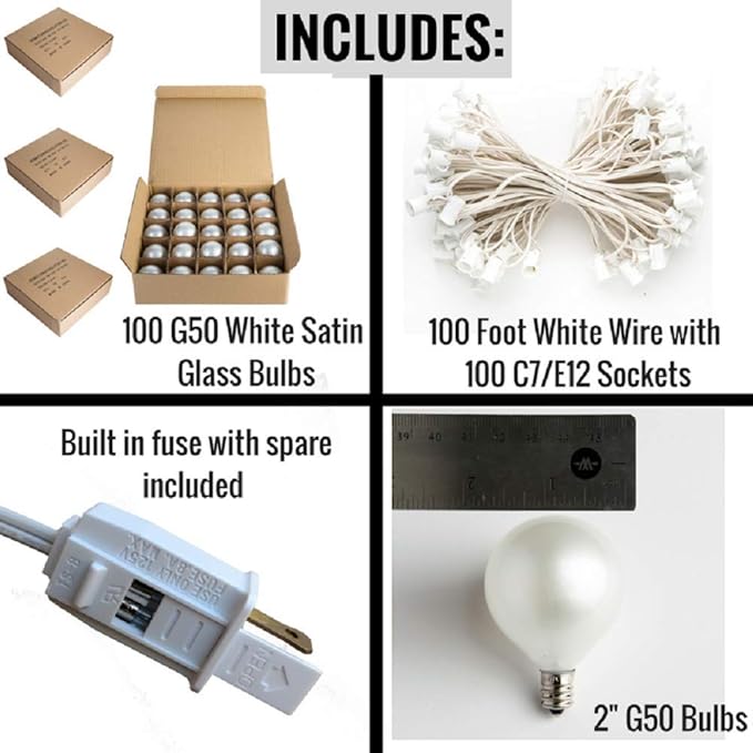 Hometown Evolution, Inc. 100 Foot G50 White Pearl Wedding String Lights with White Wire and G50 2 Inch 7 Watt Globe Bulbs for Parties, Patios, Backyards, Tents and More