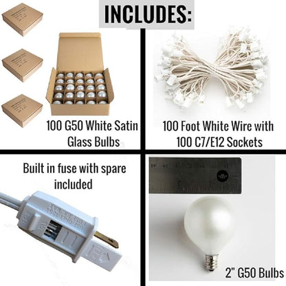 Hometown Evolution, Inc. 100 Foot G50 White Pearl Wedding String Lights with White Wire and G50 2 Inch 7 Watt Globe Bulbs for Parties, Patios, Backyards, Tents and More