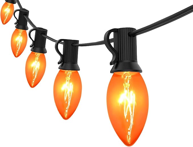 C9 Clear Orange Halloween Lights, 25FT Halloween C9 String Lights with 27 Clear Orange Bulbs, Hanging Decoration Lights for Outdoor Indoor Patio Home Party Garden Yard-Black Wire