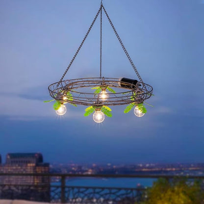 Battery Operated Outdoor Chandelier, Decorative Hanging Pendant Lights with 6pcs G40 Bulbs, Rust Finish Metal Wire Floral shade, Brightness Adjustable with Timer for Pergola Gazebo Porch Patio Decor