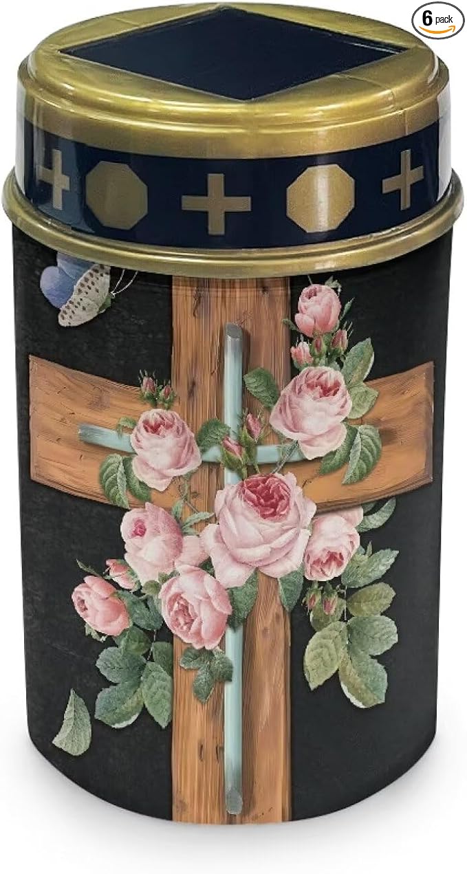 HUGS IDEA Cross Solar Lights for Graves Pink Rose Angel Garden Ornaments Waterproof Romantic Memorial Decorations Cemetery Garden Lighting for Religious Sites