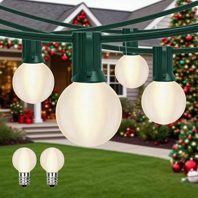 Abeja G40 Outdoor String Light, 25FT Frosted White Christmas String Lights with 27 Frosted White Bulbs, G40 Globe Patio String Lights for Backyard Porch Balcony Party Wedding Umbrella-5W Green Wire