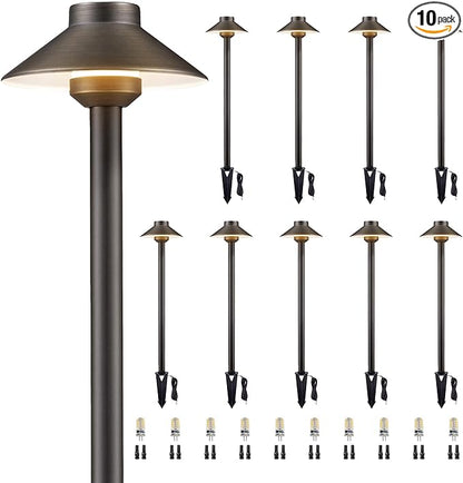 Gardenreet Brass Landscape Path Lights - 12V Low Voltage Pathway Light IP65 Waterproof, Outdoor Walkway Lighting Wired, Hat Bronze for Patio Lawn with 3W 4000K Neutral White G4 Bulb (10 Pack)