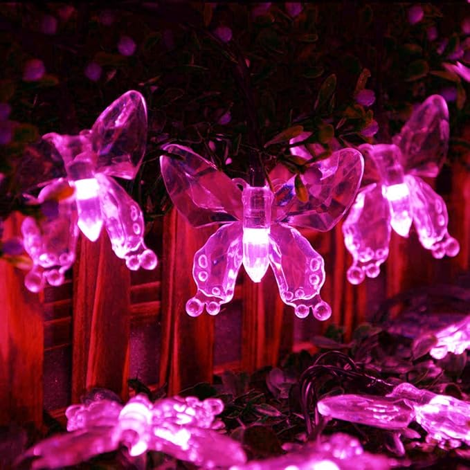 Solar String Lights, Waterproof 16ft 20LED Butterfly Christmas Fairy Lights Decorative Lighting for Home Party Wedding Patio Garden Porch Balcony (Pink)