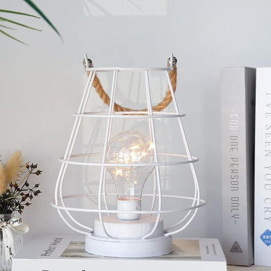 JHY DESIGN Decorative Cage Bulb Lamp Battery Powered Lights 8.5" Tall Cordless Accent Light with Edsion Style Bulb Great for Weddings Parties Patio Events for Indoors Outdoors(White)