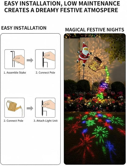 Christmas Solar Kettle Lights Garden Lawn Decorative Lights, Hanging Metal Solar Santa Claus Watering Can with LED Light, Instant Decor, Home Christmas Decorations for Outdoor Garden Lawn (Warm)