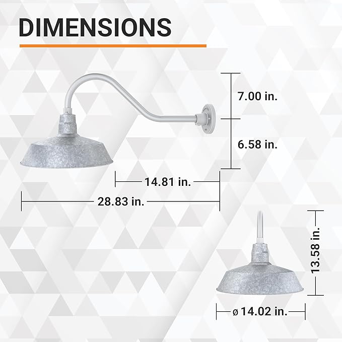 14in. Galvanized Finish Outdoor Gooseneck Barn Light Fixture with 22in. Long Extension Arm - Wall Sconce Farmhouse | Lumora