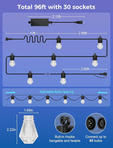 XMCOSY+ 96FT Smart Outdoor String Lights - RGBCWIC Dimmable Acrylic Bulbs, Color Changing LED Patio Lights APP WiFi | Lumora