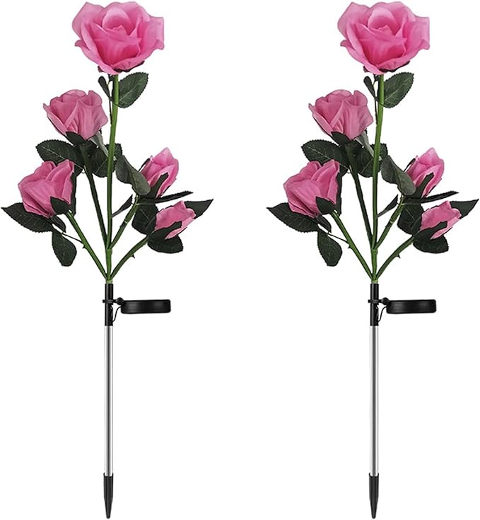 Lxcom Lighting Solar Garden Lights Solar Flower Lights Outdoor 10 Rose Solar Flowers Path Lights Waterproof Decorative Rose Garden Lights for Patio Path Garden Yard, 2 Pack(Pink)