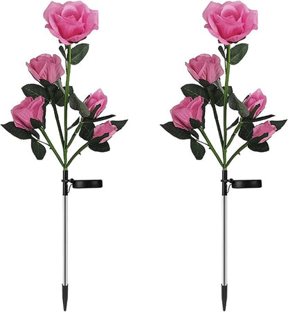 Lxcom Lighting Solar Garden Lights Solar Flower Lights Outdoor 10 Rose Solar Flowers Path Lights Waterproof Decorative Rose Garden Lights for Patio Path Garden Yard, 2 Pack(Pink)