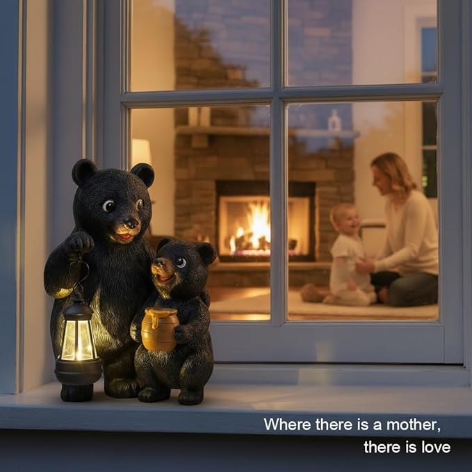 Lavezee Garden Bear Statues, Mother and Baby Bear Figurines with Solar Lantern for Outdoor Porch Yard Lawn, Unique Bear Gifts for Mom Grandma Wowen