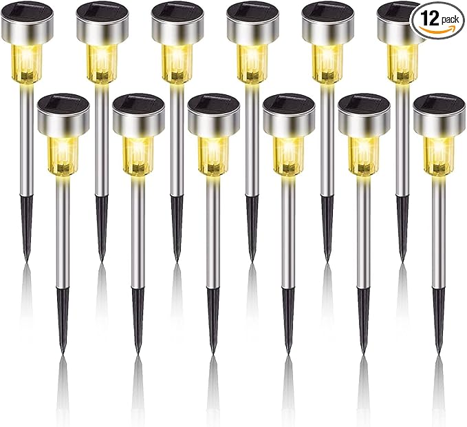 Solar Lights Outdoor Waterproof, Stainless Steel LED Landscape Lighting, Solar Garden Lights, Outdoor Valentines Day Decorations for Yard, Pathway, Walkway, Patio, Lawn - 12 Pack(Warm White)