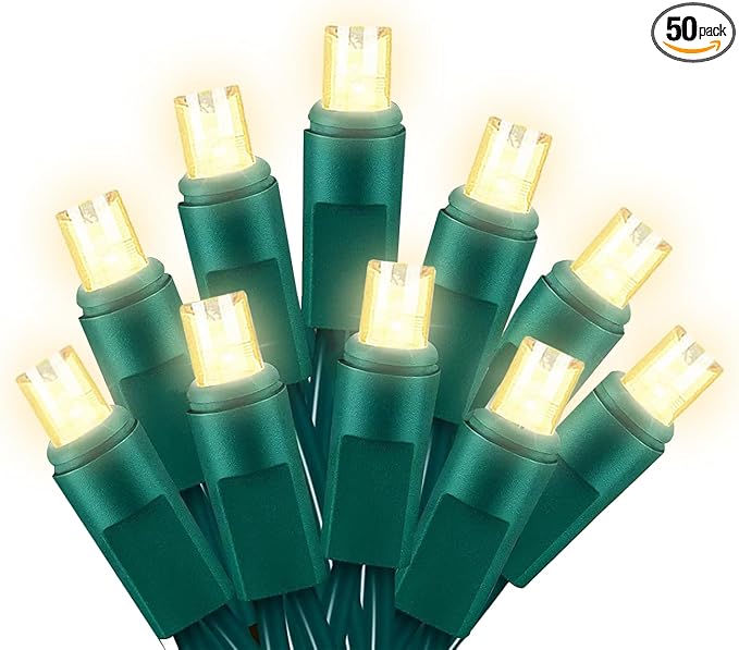 25ft 50 Counts Warm White LED Christmas Lights - Commercial Grade Outdoor Waterproof, Green Wire, Xmas Tree Lights, IP:65, UL