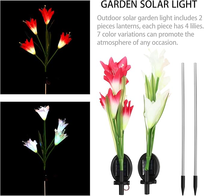 2pcs Solar Lily Flower LED Yard Lamp with Ground Plug Outdoor Solar Garden Path Light for Patio and Walkway