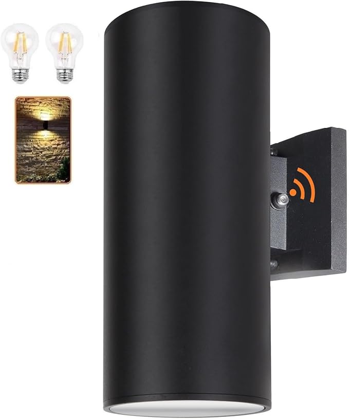 Outdoor Wall Light, Exterior Lighting with Dusk to Dawn Sensor - 2 Light Bulbs Included, Aluminum Waterproof Wall Mount Cylinder Design - Up Down Light Fixture for Porch, Backyard and Patio