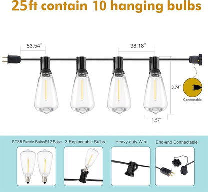 Auroraworld 25 FT Outdoor String Lights with 14 Shatterproof LED Bulbs, Waterproof Patio Lights for Yard, Party & Wedding