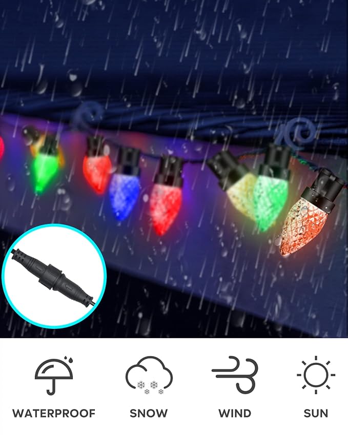 Dynamic C9 Christmas Lights Outdoor, 33Ft 50 LED Smart RGB, APP Remote Controlled, Connectable Waterproof Music Xmas Eaves Decoration