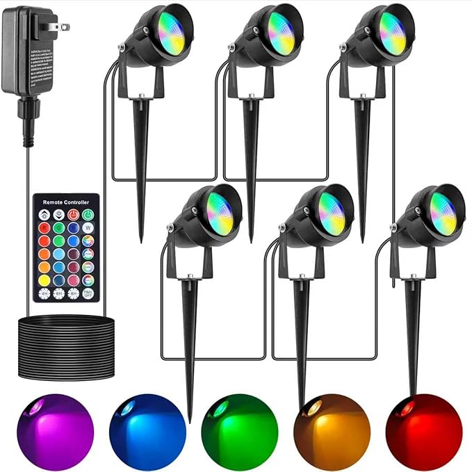 Chrisrmas Spotlights Outdoor, 24W Color Changing Landscape Lighting with Remote & Timer (4H/6H/8H), IP65 Waterproof Aluminum RGB Spot lights for Yard, Garden, House Halloween Decorations (6 lights)