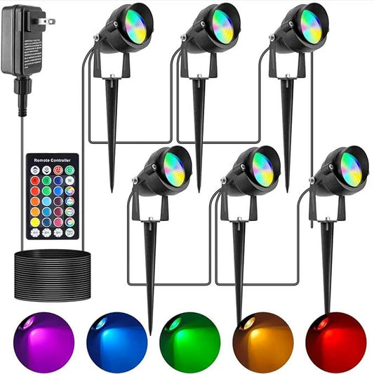 Chrisrmas Spotlights Outdoor, 24W Color Changing Landscape Lighting with Remote & Timer (4H/6H/8H), IP65 Waterproof Aluminum RGB Spot lights for Yard, Garden, House Halloween Decorations (6 lights)