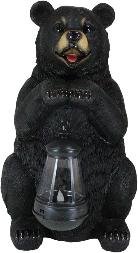 Ebros Gift Rustic Garden Decorative Adorable Forest Black Bear Holding Lantern Greeter Statue Figurine Solar LED Lantern Path Light for Indoor Outdoor Home Bears Wild Animals Sculpture