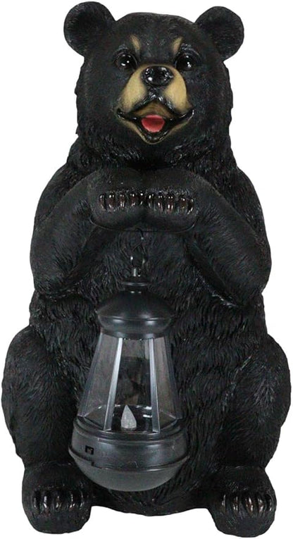 Ebros Gift Rustic Garden Decorative Adorable Forest Black Bear Holding Lantern Greeter Statue Figurine Solar LED Lantern Path Light for Indoor Outdoor Home Bears Wild Animals Sculpture