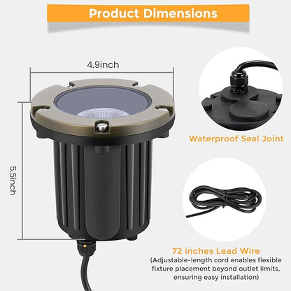 Gardencoin Brass Low Voltage Landscape Well Lights (5" Cover, 5.5" Tall), 12V LED Wired In-Ground Outdoor Up Lighting Fixture Waterproof, Adjustable Beam Direction Base, Without MR16 Bulb (4 Pack)