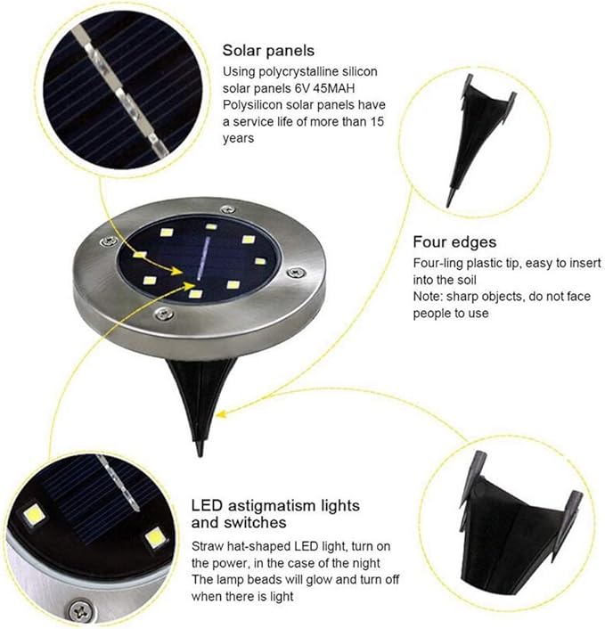 Solar Ground Lights 8 LED Disk Light Solar Powered Ground Lights Outdoor Garden Pathway Lights for Outdoor Solar Landscape Path Yard Driveway Pathway Walkway, 6 Pack,Warm White,Siliver Finish
