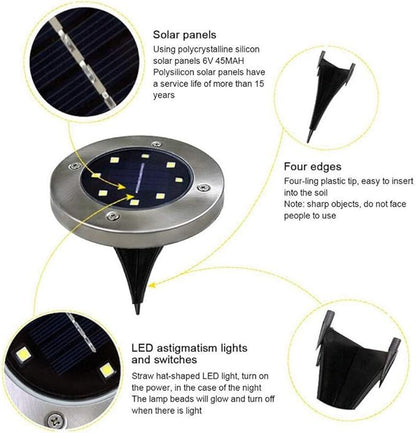 Solar Ground Lights 8 LED Disk Light Solar Powered Ground Lights Outdoor Garden Pathway Lights for Outdoor Solar Landscape Path Yard Driveway Pathway Walkway, 6 Pack,Warm White,Siliver Finish