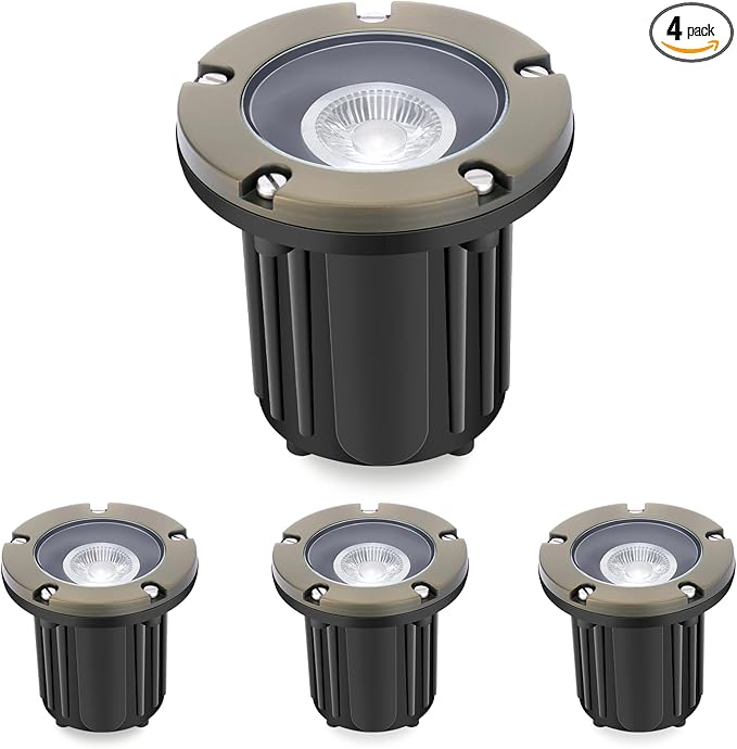 Gardencoin Brass Low Voltage Landscape Well Lights (5" Cover, 5.5" Tall), 12V LED Wired In-Ground Outdoor Up | Lumora