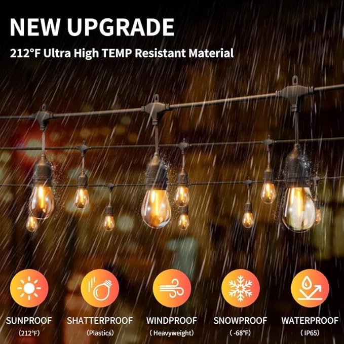 100FT LED Outdoor String Lights with 60+4 Waterproof Bulbs(1.5FT Bulbs Spacing), Remote & Dimmer, Commercial Grade | Lumora