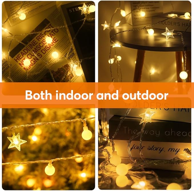 50 Stars & 50 Globes String Lights for Wedding, Party, Holiday Decor - 100 LED, 49.2ft, Remote Control, 8 Modes, IP44 Waterproof, Linkable Plug in Lights for Indoor Outdoor, Backyard, Celebration