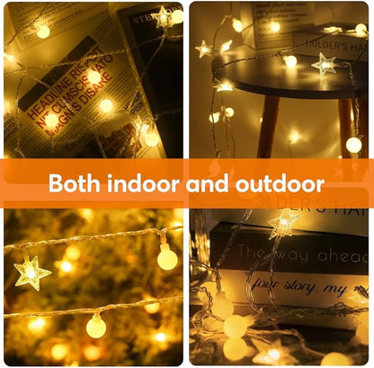 50 Stars & 50 Globes String Lights for Wedding, Party, Holiday Decor - 100 LED, 49.2ft, Remote Control, 8 Modes, IP44 Waterproof, Linkable Plug in Lights for Indoor Outdoor, Backyard, Celebration