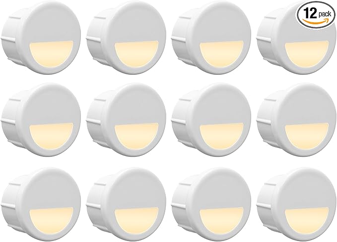 GKOLED 12 Pack Recessed Low Voltage Mini Size LED Step Riser Light, Φ1 Halfmoon Landscape Lighting for Outdoor Deck Stair Railing Post, 12V 3000K Die-cast Aluminum, White