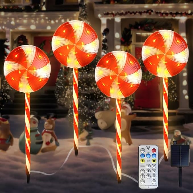 Candy Christmas Decorations Pathway Outdoor Solar Lights, 29 inches 80 LED Lighted Lollipop Solar Christmas Lights with 8 Modes Waterproof String Lights, Outdoor Lights for Yard Patio Walkway-4PCS