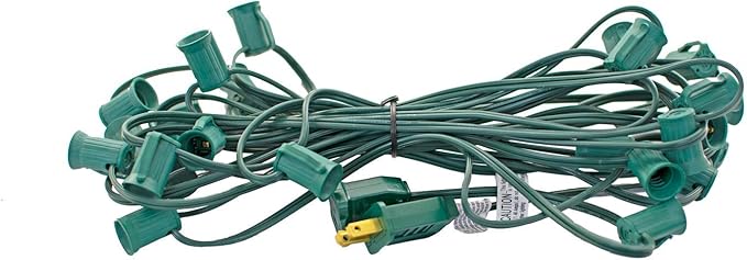 EST. LEE DISPLAY L D 1902 Outdoor Patio String Light Cords with Male & Female Plugs Green & White Wire 12in Spacing Sockets, 25FT Length (Green, C7 - E12)