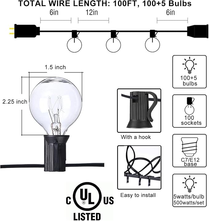 Abeja Outdoor String Light 100 Ft G40 Patio Lights with 105 Edison Glass Bulbs E12 Socket Base (5 Spare) Globe | Lumora
