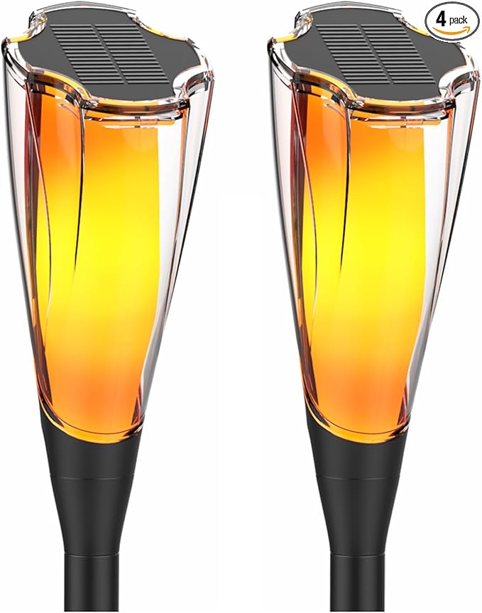 Solar Pathway Lights, 2 Pack Solar Garden Lights with Warm Light Flickering Flame & RGB Gradient, Solar Lights Outdoor Waterproof Decor Lights for Yard Lawn Landscape Walkway Driveway (Flower-2Pack)