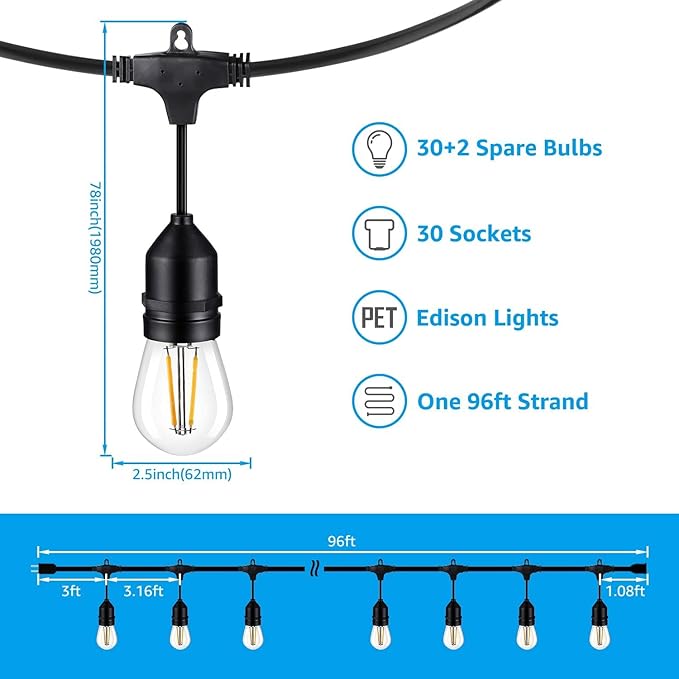 TORCHSTAR 96ft LED Outdoor String Lights, Patio Light with 30+2 Shatterproof Vintage Edison Bulbs, S14 E12 Sockets | Lumora