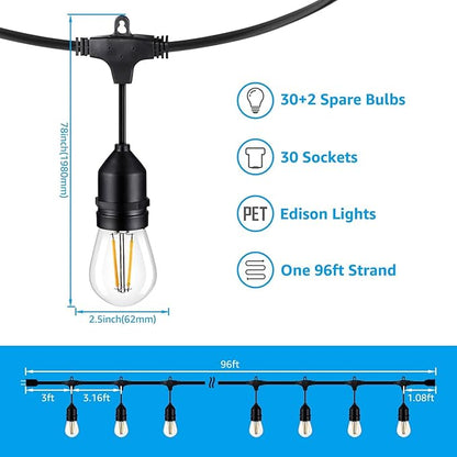 TORCHSTAR 96ft LED Outdoor String Lights, Patio Light with 30+2 Shatterproof Vintage Edison Bulbs, S14 E12 Sockets and Weatherproof Strand, Connectable Hanging Light for Backyard, 2700K Soft White