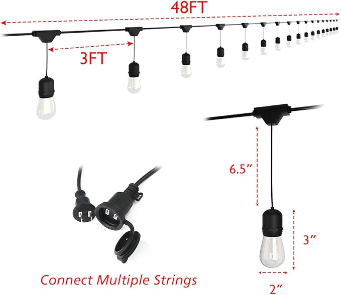 Costzon LED String Lights, 48 Ft Waterproof Commercial Grade Decorative Outdoor String Lights, UL Listed, 15 Hanging Sockets, 16PCS S14 2W LED Bulbs, Suitable for Garden Café Wedding Malls (1 Pack)