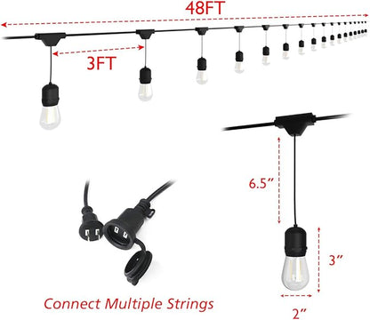 Costzon LED String Lights, 48 Ft Waterproof Commercial Grade Decorative Outdoor String Lights, UL Listed, 15 Hanging Sockets, 16PCS S14 2W LED Bulbs, Suitable for Garden Café Wedding Malls (1 Pack)