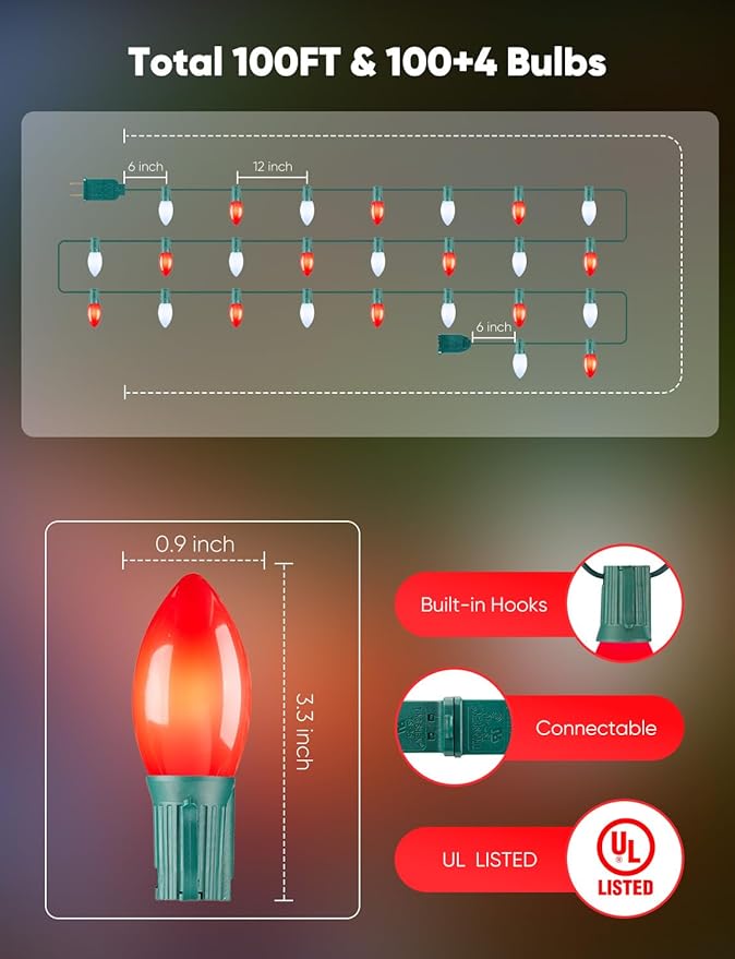 Vintage C9 LED Christmas Lights Outdoor, 100 Feet String with 100 Shatterproof Matte Bulbs, Connectable Waterproof Tree Lights for Holiday Roofline Backyard Garden Decor, Red & Pure White