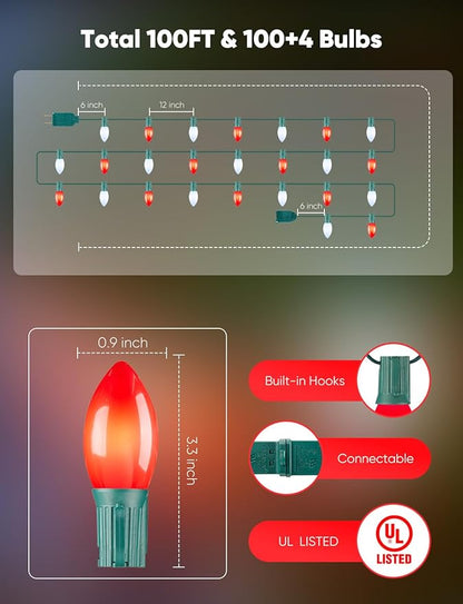 Vintage C9 LED Christmas Lights Outdoor, 100 Feet String with 100 Shatterproof Matte Bulbs, Connectable Waterproof Tree Lights for Holiday Roofline Backyard Garden Decor, Red & Pure White
