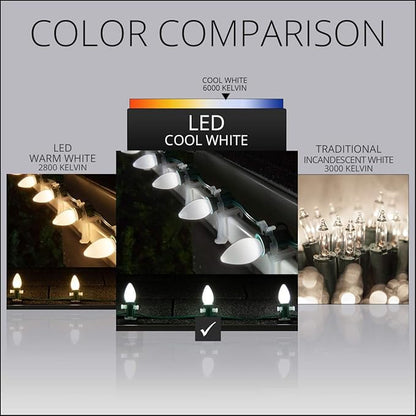 Opticore LED Cool White Commercial C7 Christmas Lights Vintage Style Smooth Ceramic Finish, Heavy Duty 18 Gauge Green Wire (100 Lights, 100 ft, Cool White)