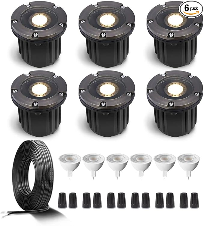 Gardenreet Brass Low Voltage In Ground Lights Kit(6 Pack) with MR16 Bulb & 100Feet Wire & Connectors, 12V AC/DC LED | Lumora