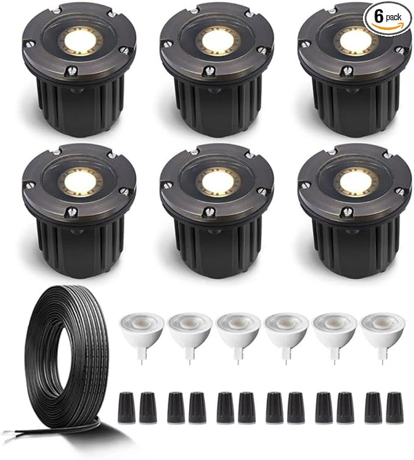 Gardenreet Brass Low Voltage In Ground Lights Kit(6 Pack) with MR16 Bulb & 100Feet Wire & Connectors, 12V AC/DC LED | Lumora