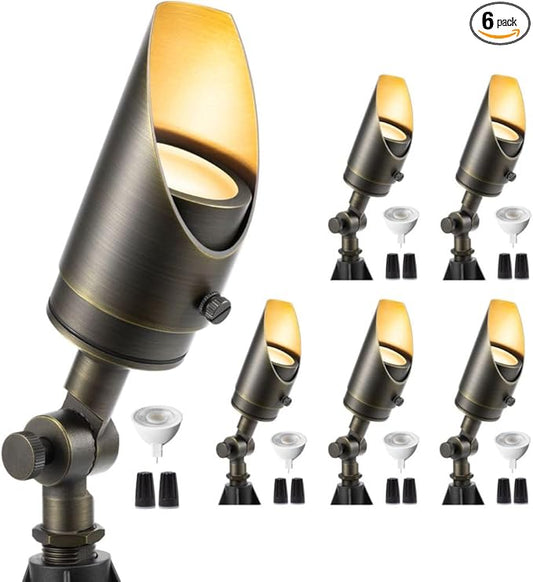 Gardenreet Spot Lights Solid Brass - 12V Low Voltage Landscape Spotlight, Wired Uplights Outdoor Waterproof, LED Electric Bronze for Patio Wall with 2700K Warm White MR16 Bulb (6 Pack)