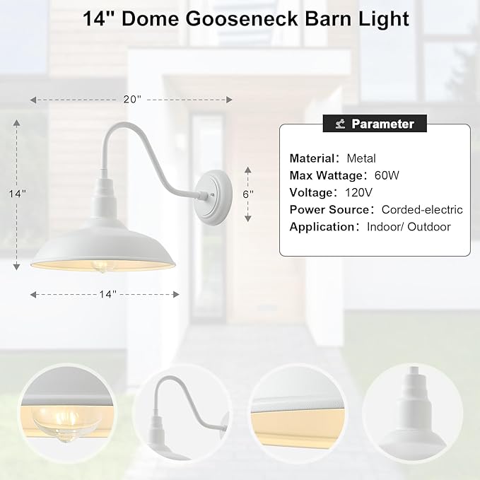 2 Pack 14in Barn Gooseneck Lights for House, White Outdoor Farmhouse Wall Light Fixture for Porch, Exterior Patio | Lumora